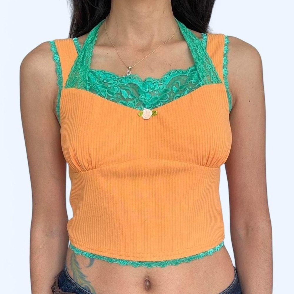 OHS Orange & Green Lace Halter Top 🌿